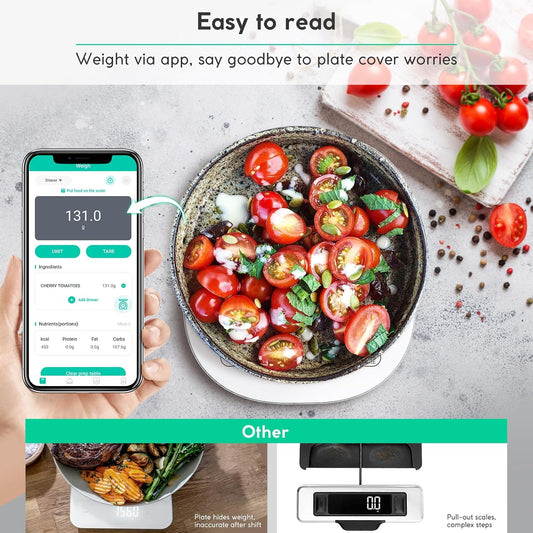 Smart Digital Kitchen Scales with Nutrition Calculator - USB Rechargeable, Accurate Weighing up to 10Kg in Sleek White Design