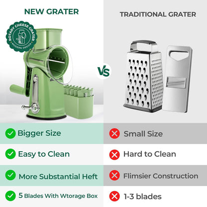 Versatile Rotary Cheese Grater & Vegetable Slicer with 5 Blades - Effortlessly Chop Cheese, Veggies, and More with Strong Suction Base!
