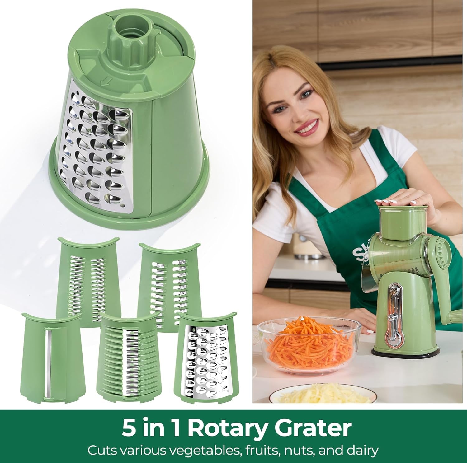 Versatile Rotary Cheese Grater & Vegetable Slicer with 5 Blades - Effortlessly Chop Cheese, Veggies, and More with Strong Suction Base!
