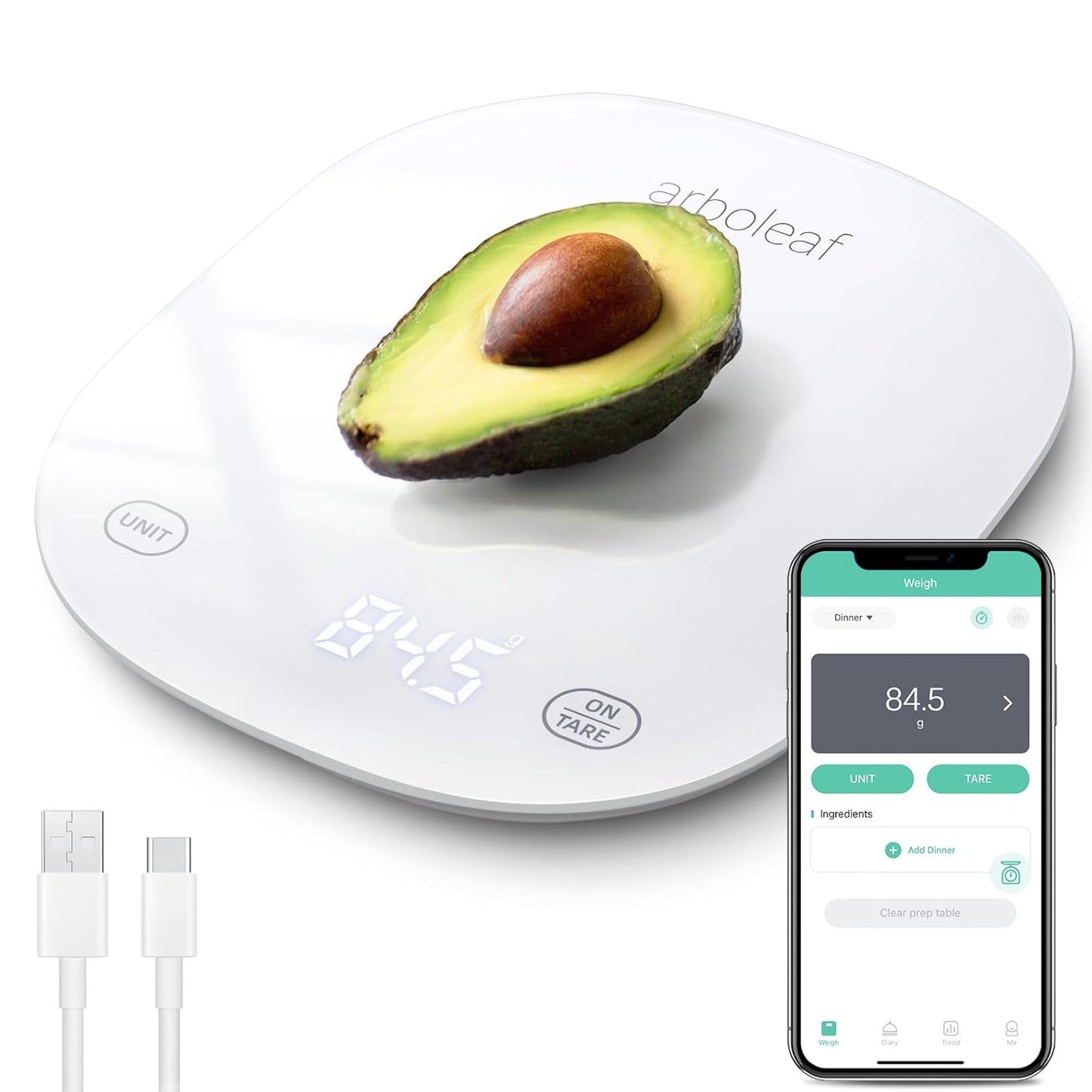 Smart Digital Kitchen Scales with Nutrition Calculator - USB Rechargeable, Accurate Weighing up to 10Kg in Sleek White Design