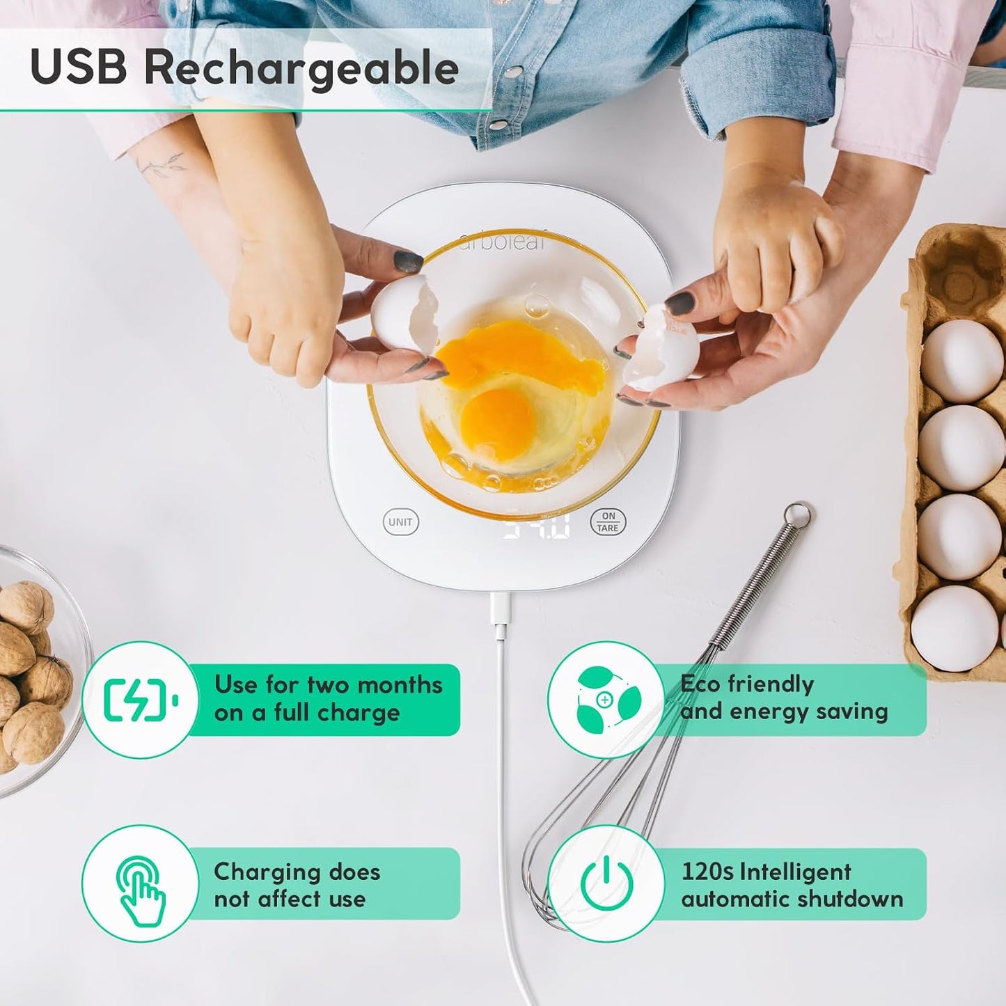Smart Digital Kitchen Scales with Nutrition Calculator - USB Rechargeable, Accurate Weighing up to 10Kg in Sleek White Design
