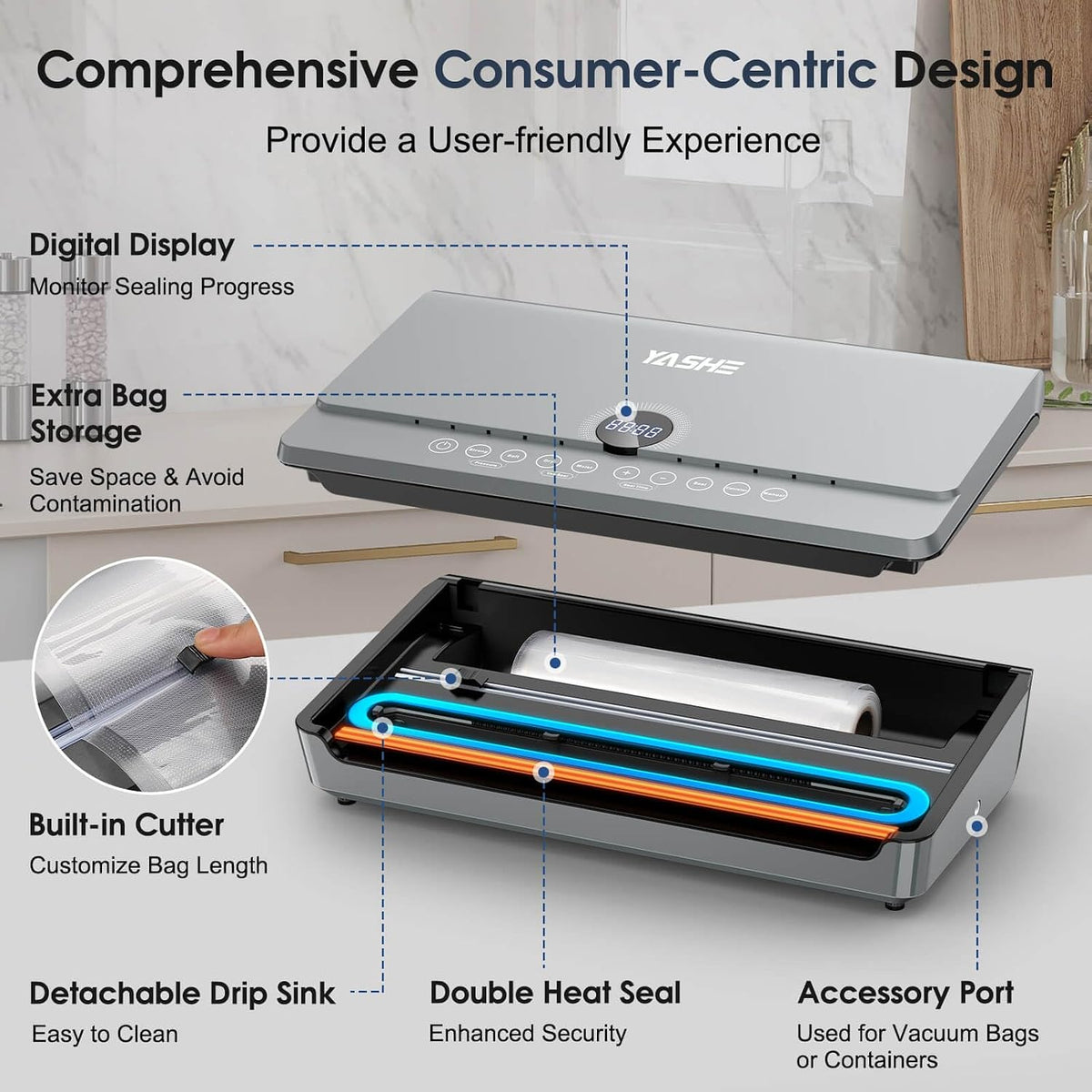 Effortless Food Preservation with the 80KPA Vacuum Sealer Machine - One-Touch Operation, Double Heat Seal, Built-In Cutter & Versatile Modes