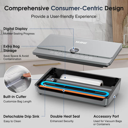 Effortless Food Preservation with the 80KPA Vacuum Sealer Machine - One-Touch Operation, Double Heat Seal, Built-In Cutter & Versatile Modes
