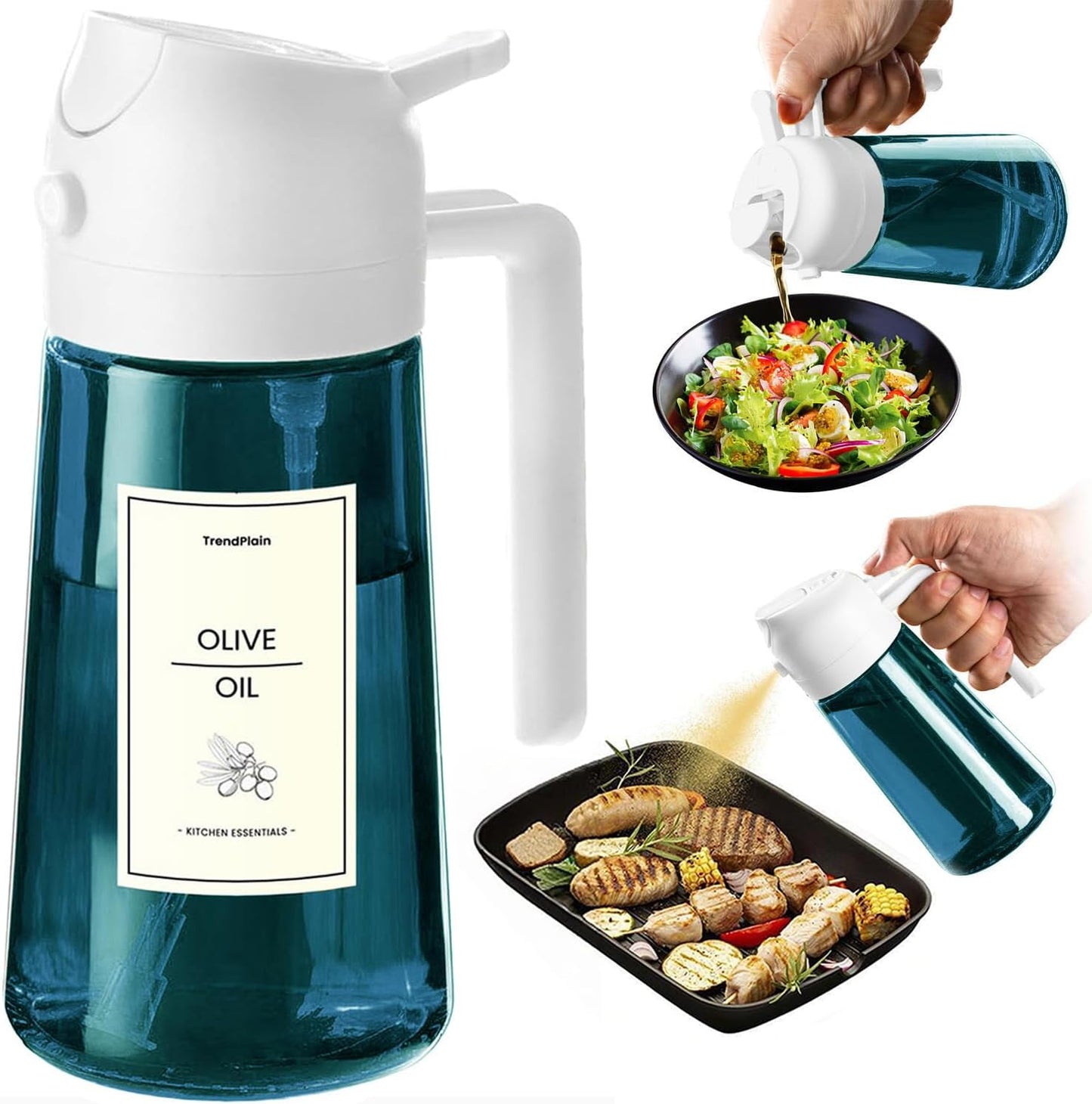 Versatile 2-in-1 Kitchen Oil Spray Bottle - 470ml Olive Oil Sprayer for Cooking & Salads with Customizable Stickers - Stylish White Design