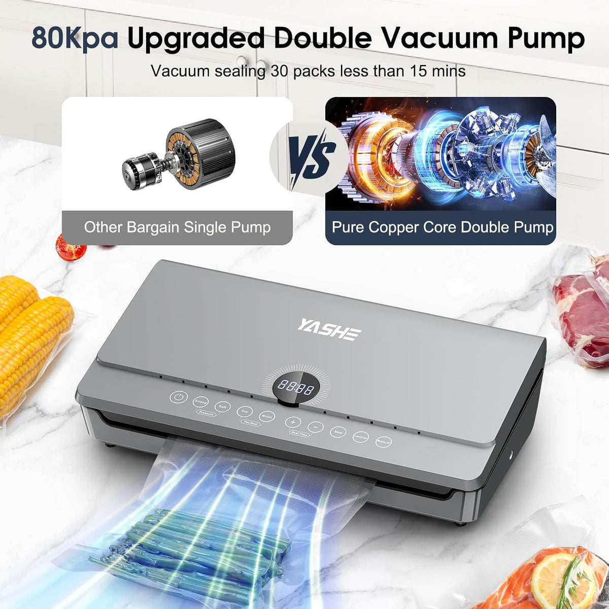 Effortless Food Preservation with the 80KPA Vacuum Sealer Machine - One-Touch Operation, Double Heat Seal, Built-In Cutter & Versatile Modes