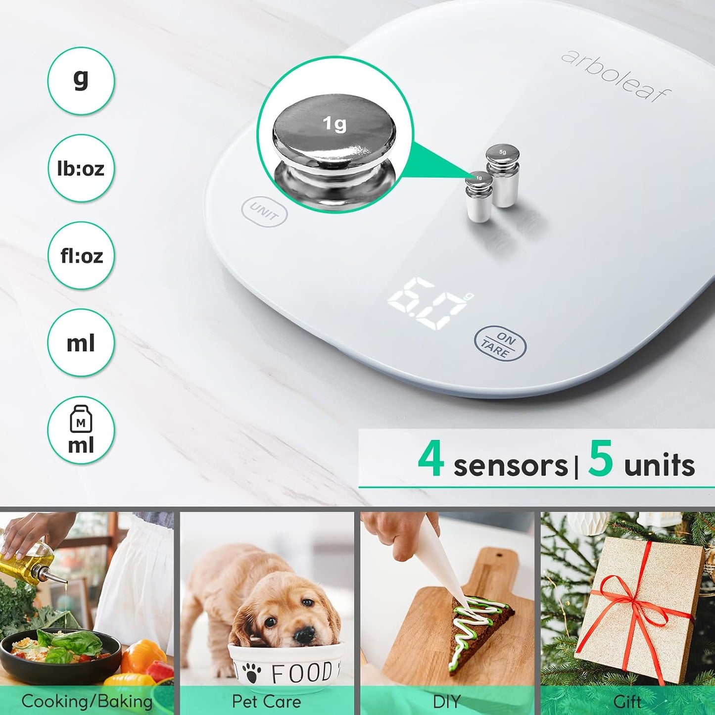 Smart Digital Kitchen Scales with Nutrition Calculator - USB Rechargeable, Accurate Weighing up to 10Kg in Sleek White Design