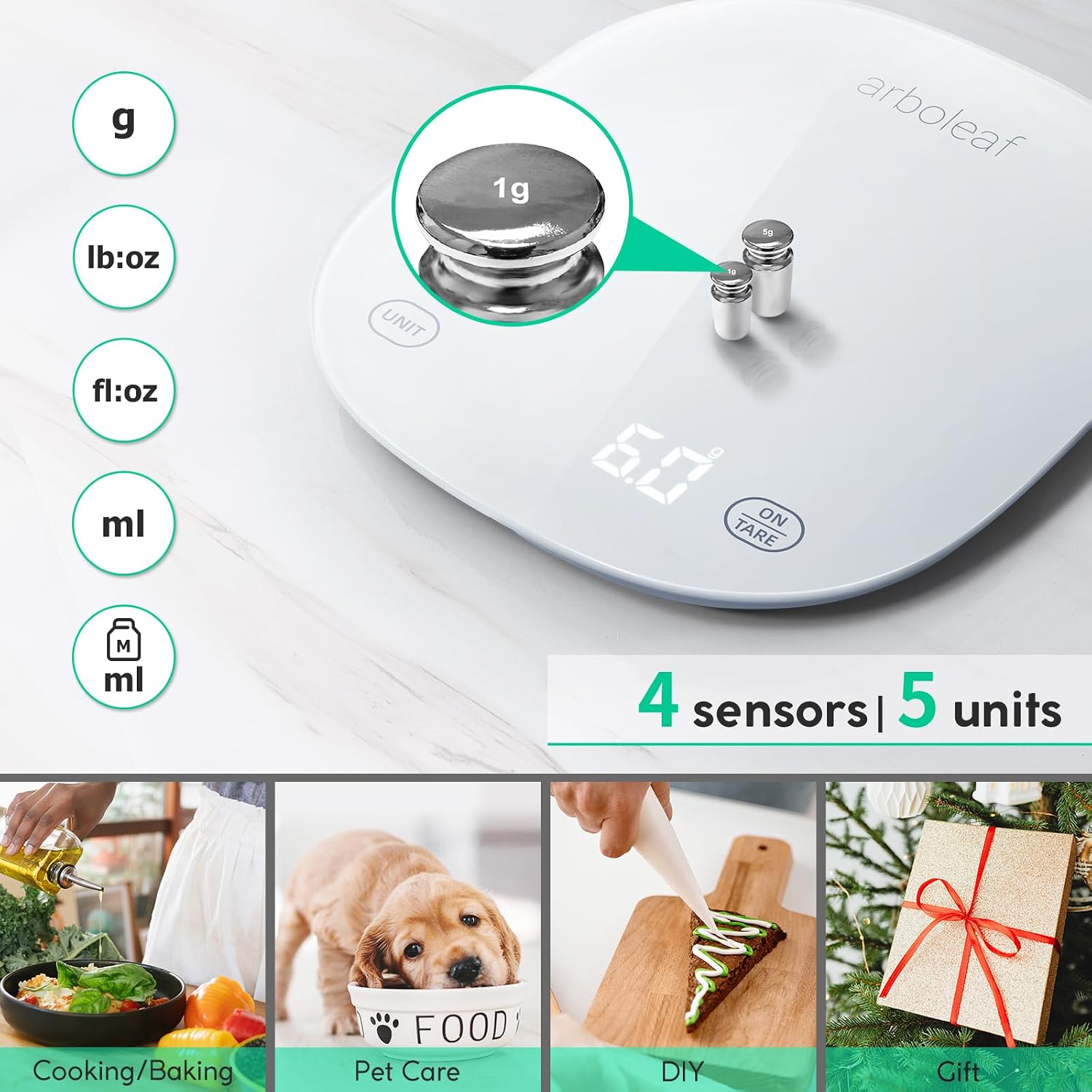 Smart Digital Kitchen Scales with Nutrition Calculator - USB Rechargeable, Accurate Weighing up to 10Kg in Sleek White Design