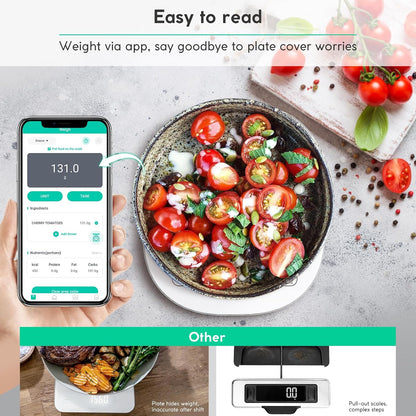 Smart Digital Kitchen Scales with Nutrition Calculator - USB Rechargeable, Accurate Weighing up to 10Kg in Sleek White Design