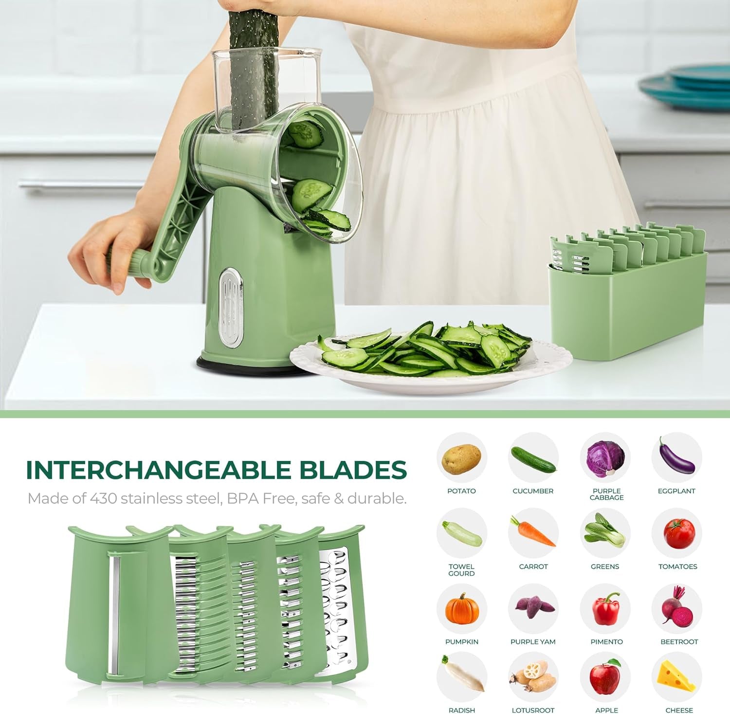 Versatile Rotary Cheese Grater & Vegetable Slicer with 5 Blades - Effortlessly Chop Cheese, Veggies, and More with Strong Suction Base!